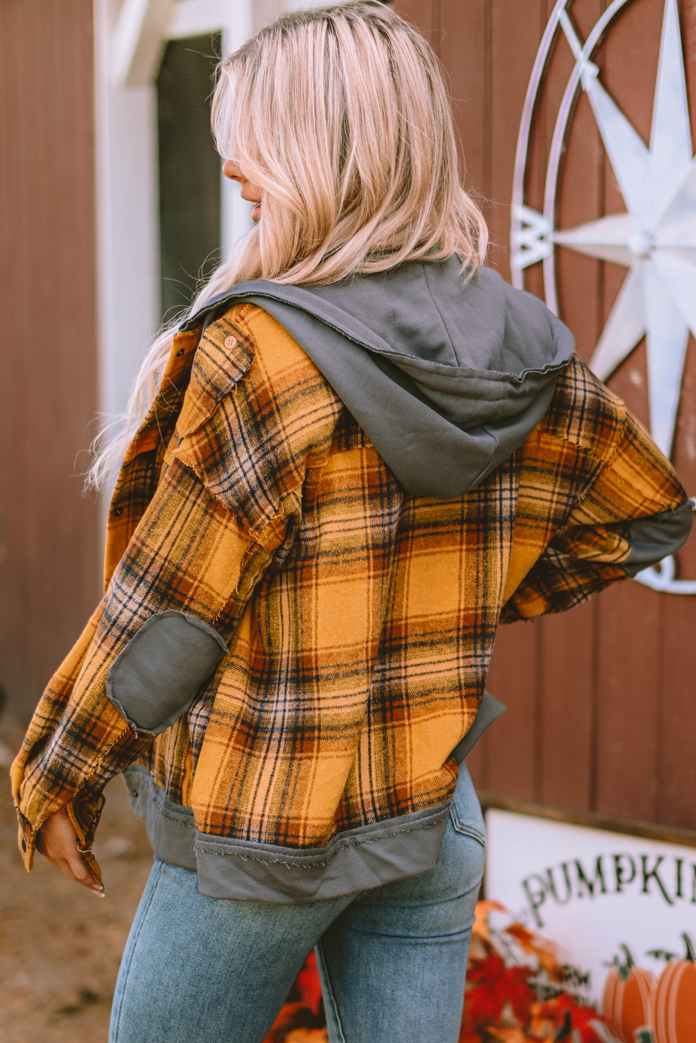 Plaid Patch Hooded Frayed Snap Button Jacket | Orange