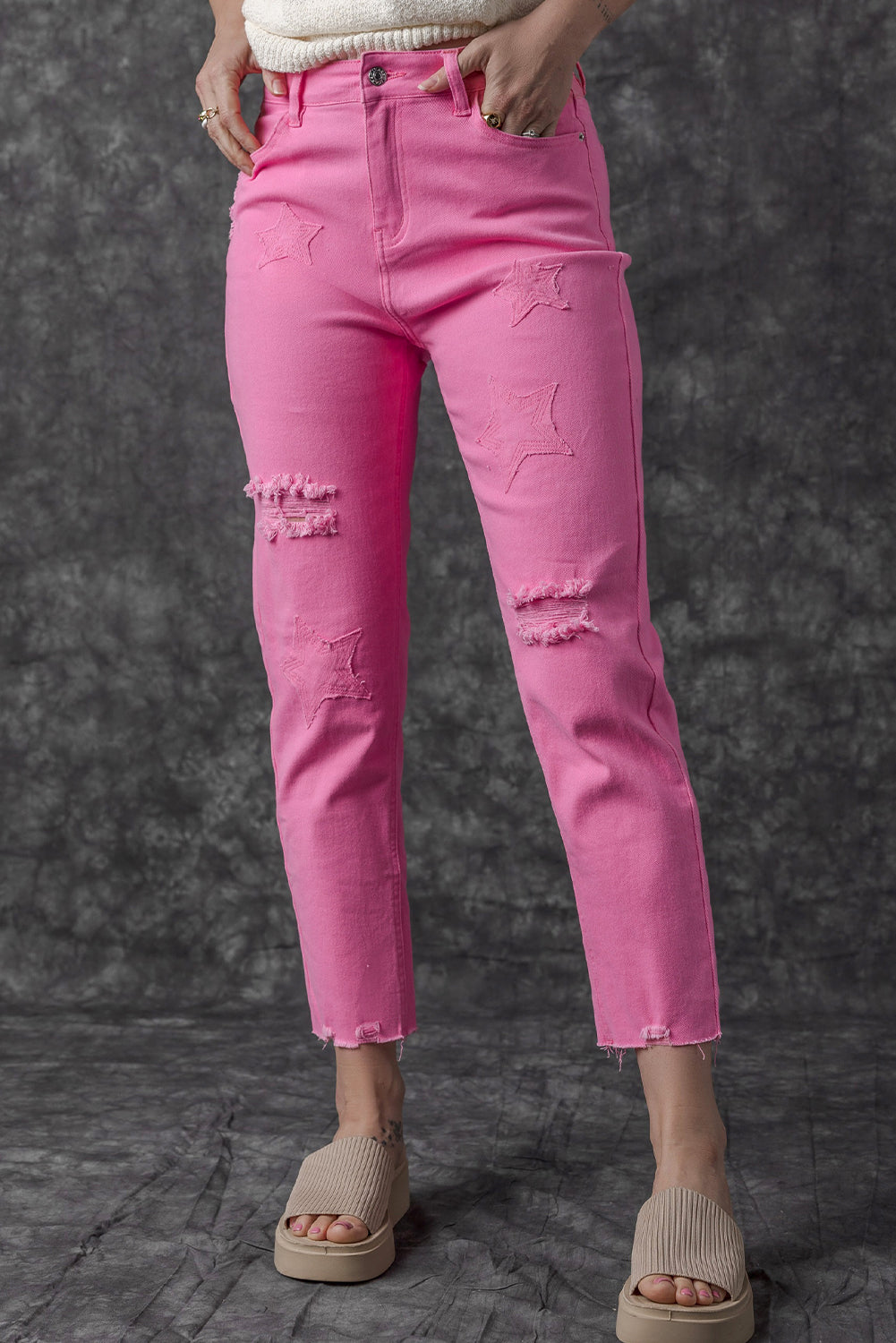 Star Shape Patchwork Mid Waist Straight Leg Jeans | Pink