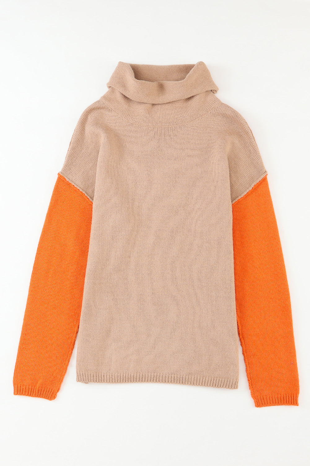 Colour Block Turtle Neck Drop Shoulder Knit Sweater | Khaki