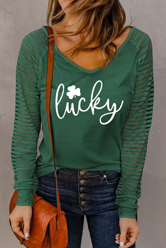 Green Clover Lucky Pattern Sheer Striped Long Sleeve Top