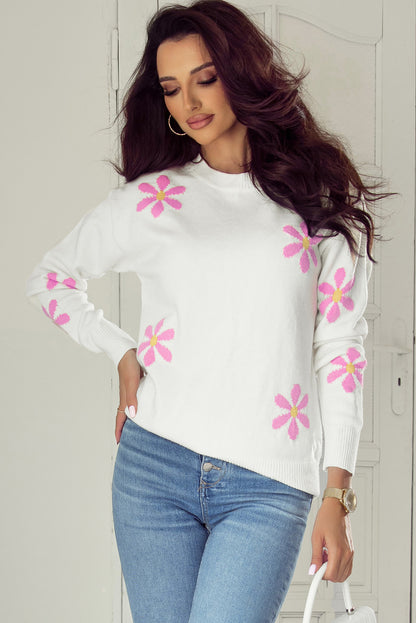 Flower Pattern Ribbed Edge Elegant Sweater | White