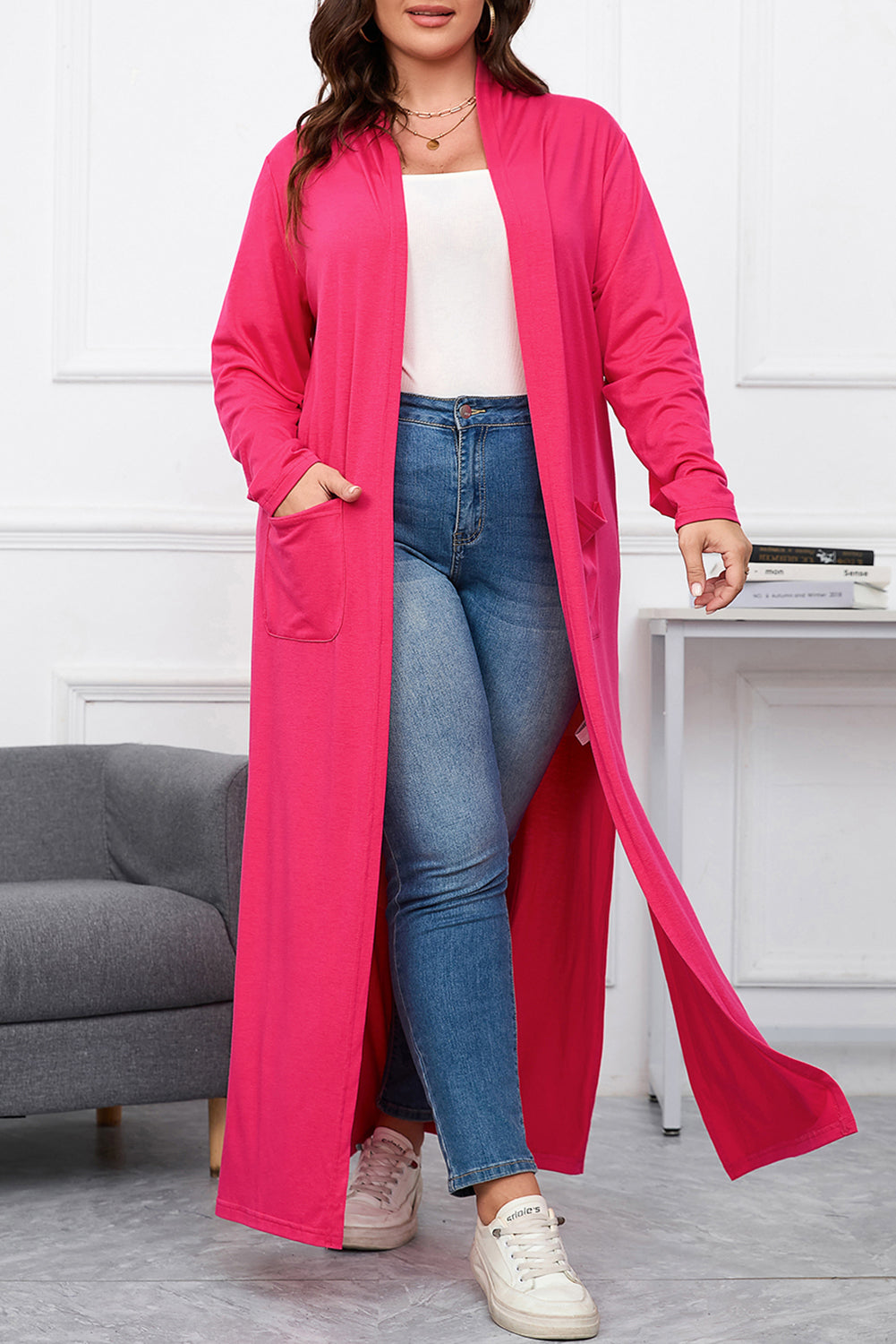 Plus Size Side Split Pockets Duster Cardigan | Strawberry Pink