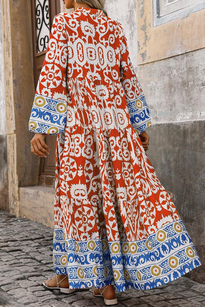 Boho Geometric Printed Long Sleeve Maxi Dress | Orange