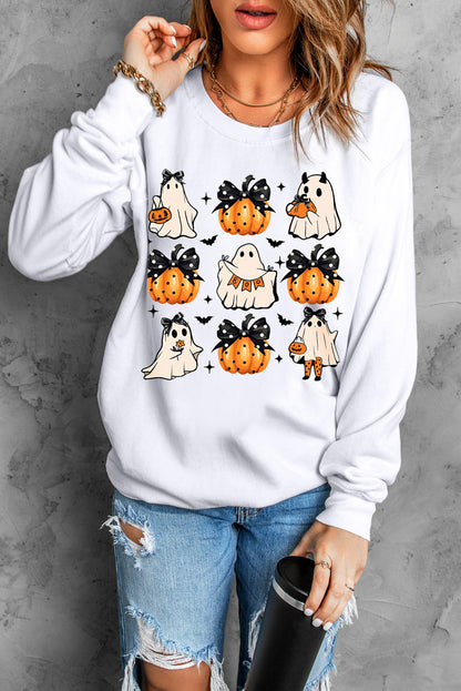 Halloween Ghost Pumpkin Print Crew Neck Sweatshirt | Beige