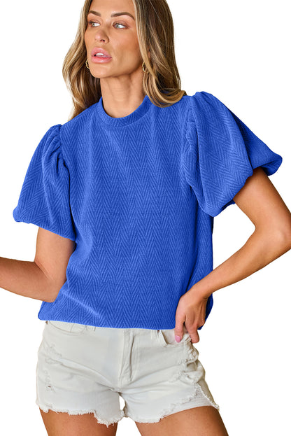 Solid Textured Puff Sleeve Mock Neck Blouse | Sky Blue