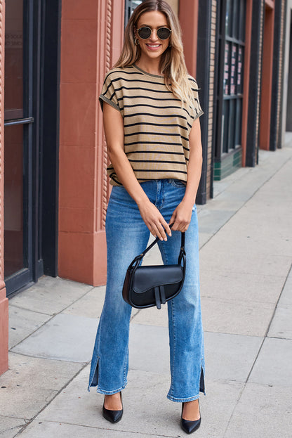 Knitted Bat Sleeve T Shirt | Khaki Stripe