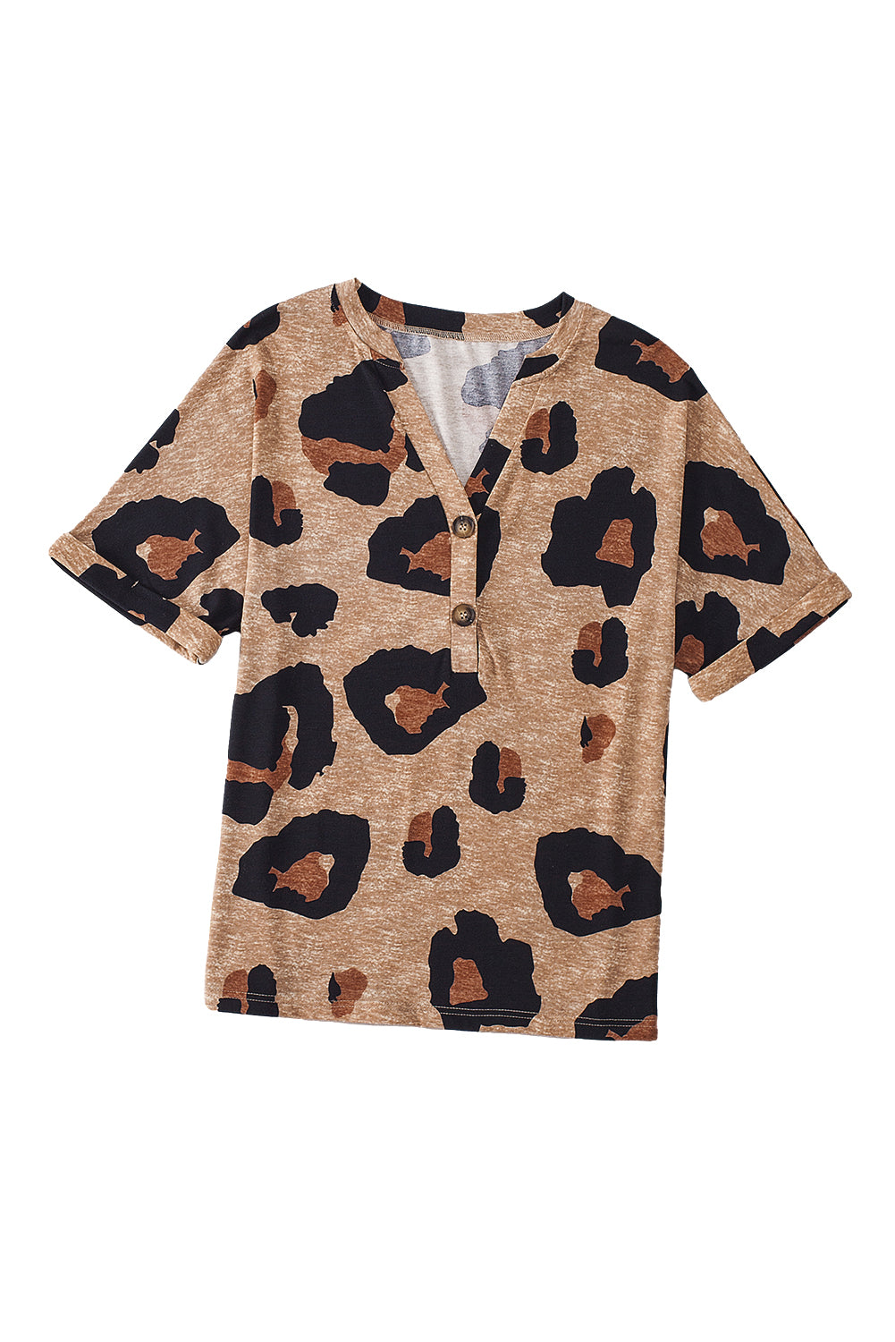 Leopard Folded Short Sleeve Buttoned V Neck T Shirt | Light French Beige