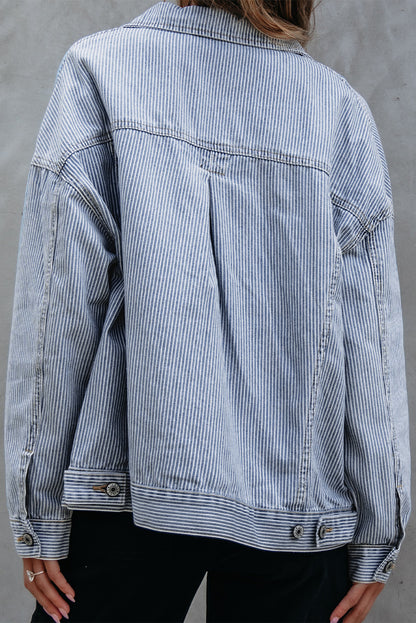 Washed Oversize Pocketed Denim Jacket | Sky Blue Stripe