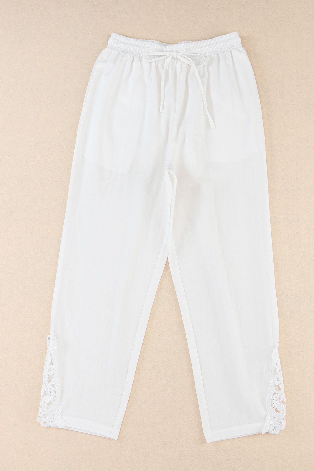 Lace Splicing Drawstring Casual Cotton Pants | White