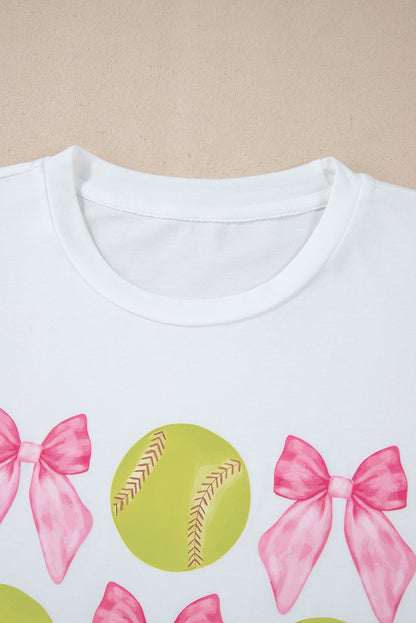 Bow Tie Baseball Print Round Neck Casual Tee | White