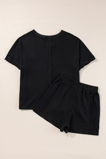 Waffle Knit Oversize Tee And Shorts Set | Black