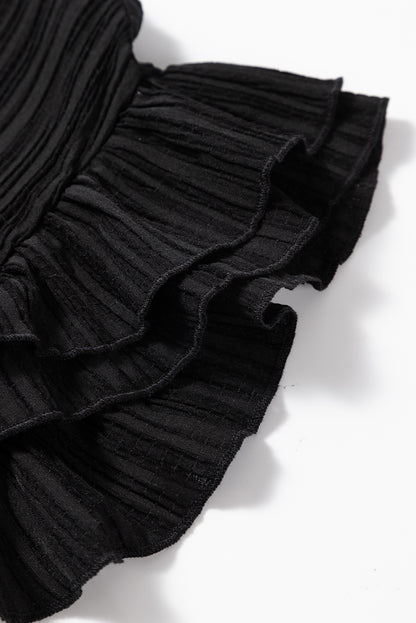 Textured Ruffled Sleeve V Neck Top | Black