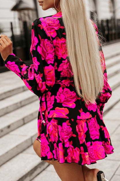 Floral Print V Neck Wrap Bishop Sleeve Ruffle Tiered Mini Dress | Rose