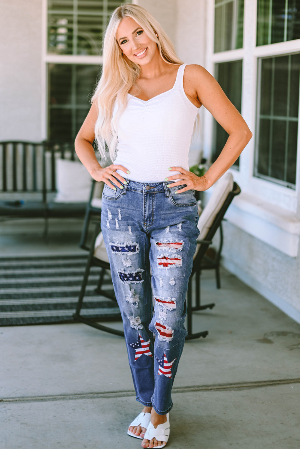 American Flag Patched Distressed Jeans | Sky Blue