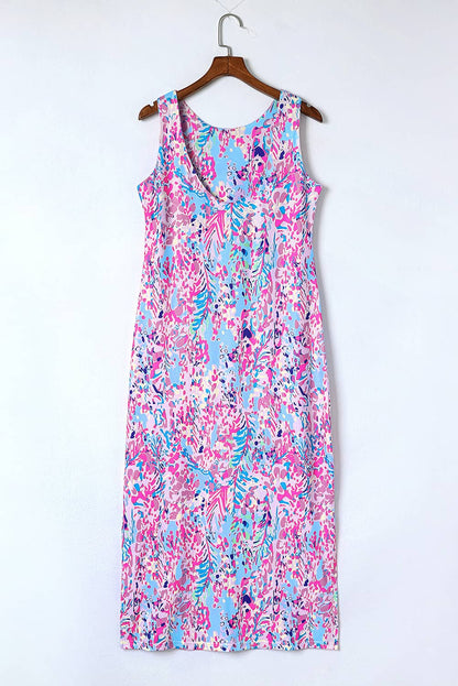 Abstract Floral Print Sleeveless Maxi Dress | Purple