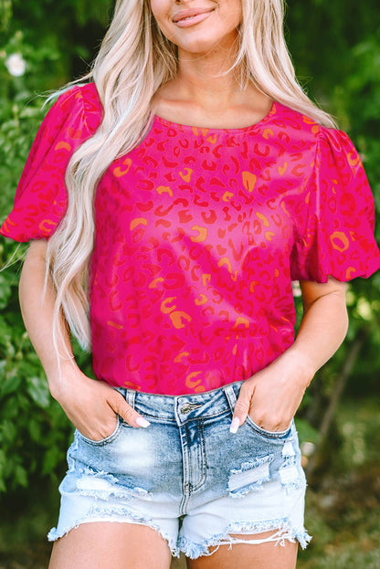 Leopard Printed Puff Sleeve Top | Rose