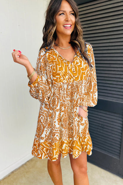 Bohemian Print Puff Sleeve Tied V Neck Flared Mini Dress | Orange