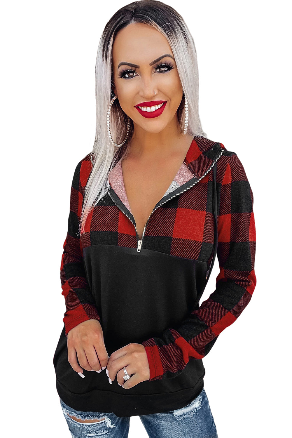 Contrast Buffalo Plaid Zip Pullover Hooded Top | Black