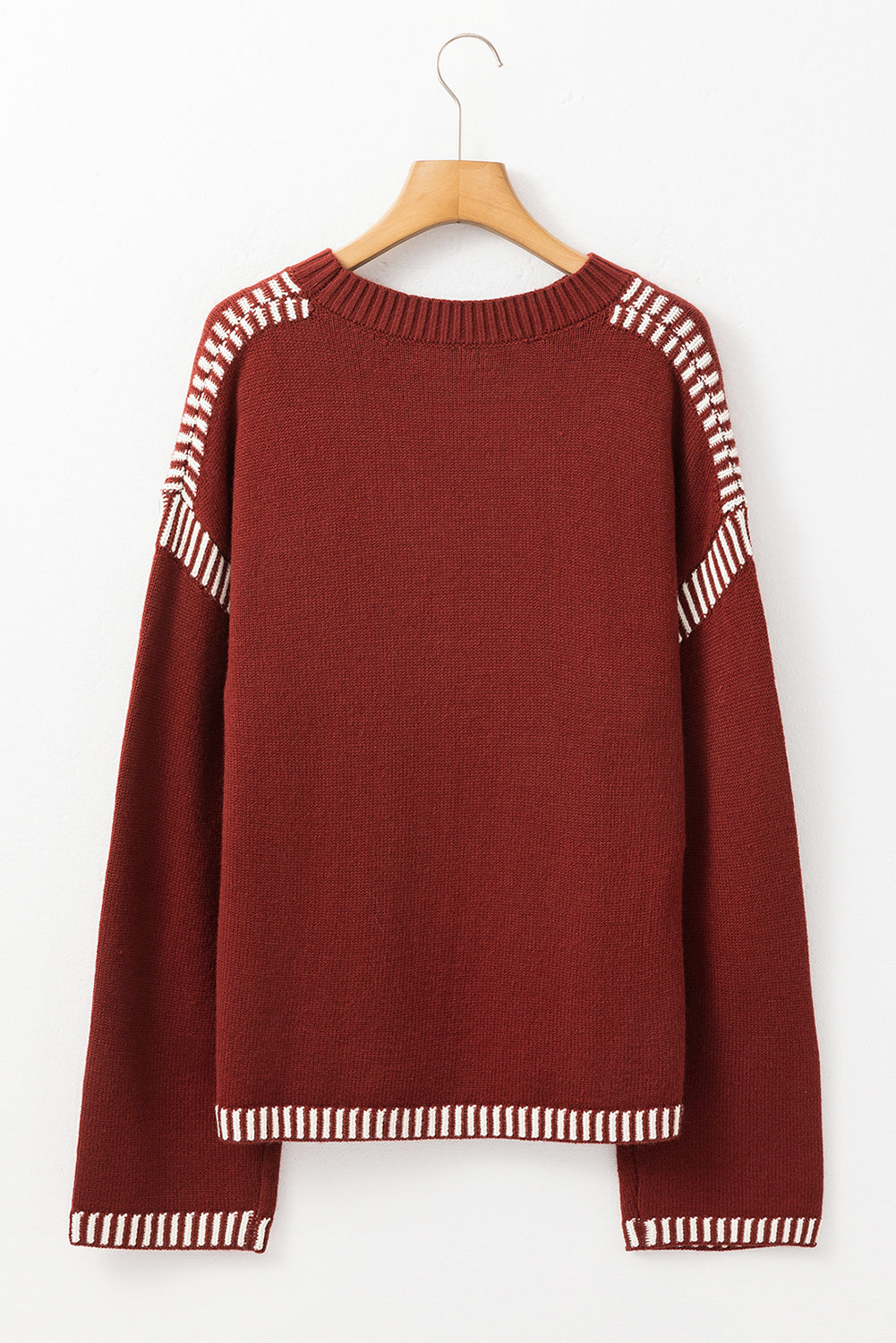 Colour Contrast Trim Drop Shoulder Crew Neck Sweater | Red Dahlia