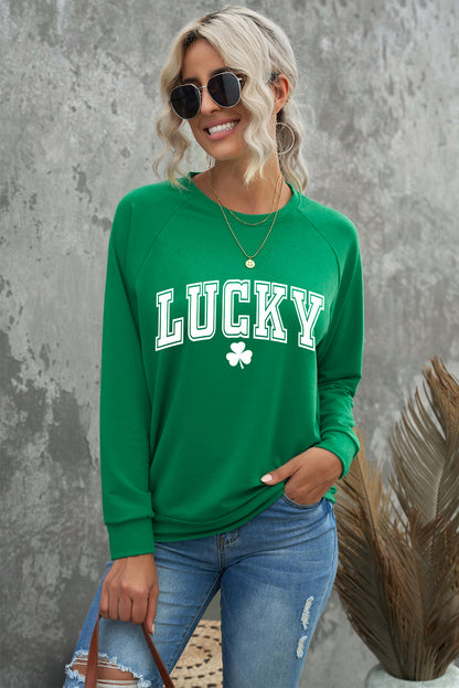 St. Patricks Lucky Clover Print Raglan Sleeve Sweatshirt | Green