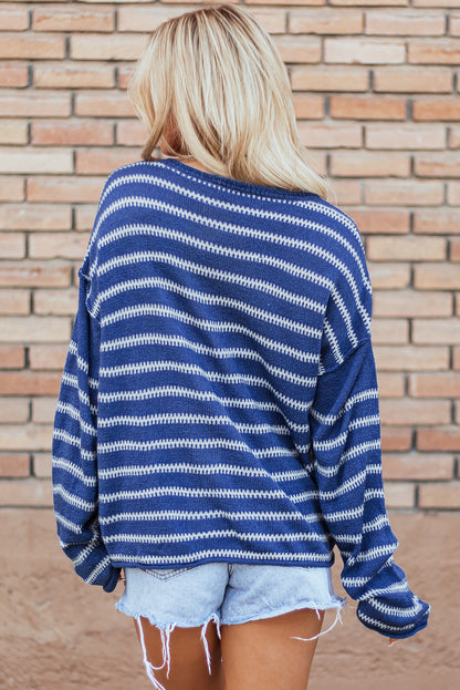 Drop Shoulder Casual Sweater | Sky Blue Stripe