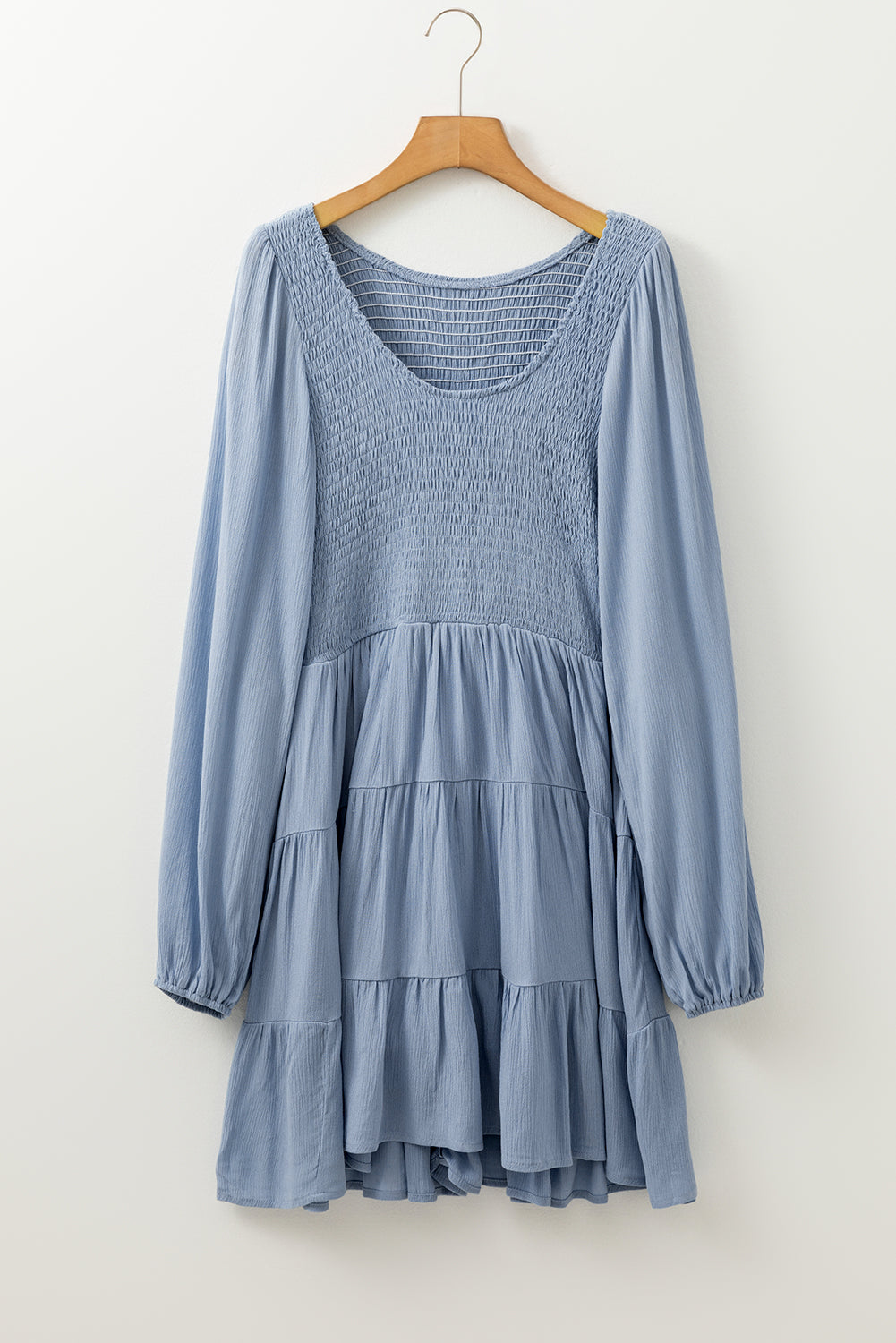 Long Sleeve V Neck Smocked Tiered Mini Dress | Ashleigh Blue