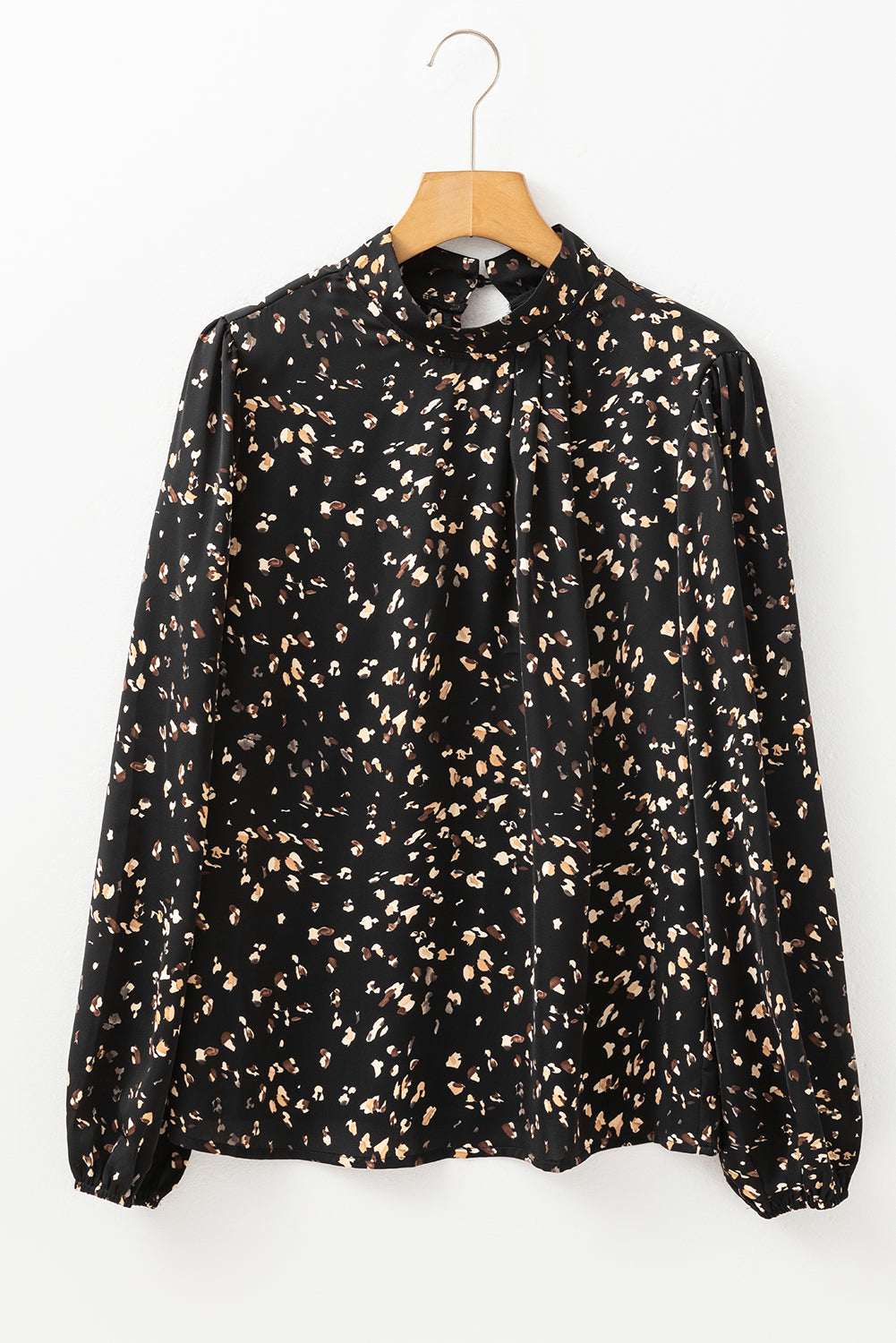 Leopard Print Lantern Sleeve Mock Neck Pleated Blouse | Black