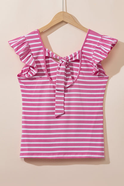 Butterfly Sleeve V Neck Hollowed Knot Back T Shirt | Pink Stripe