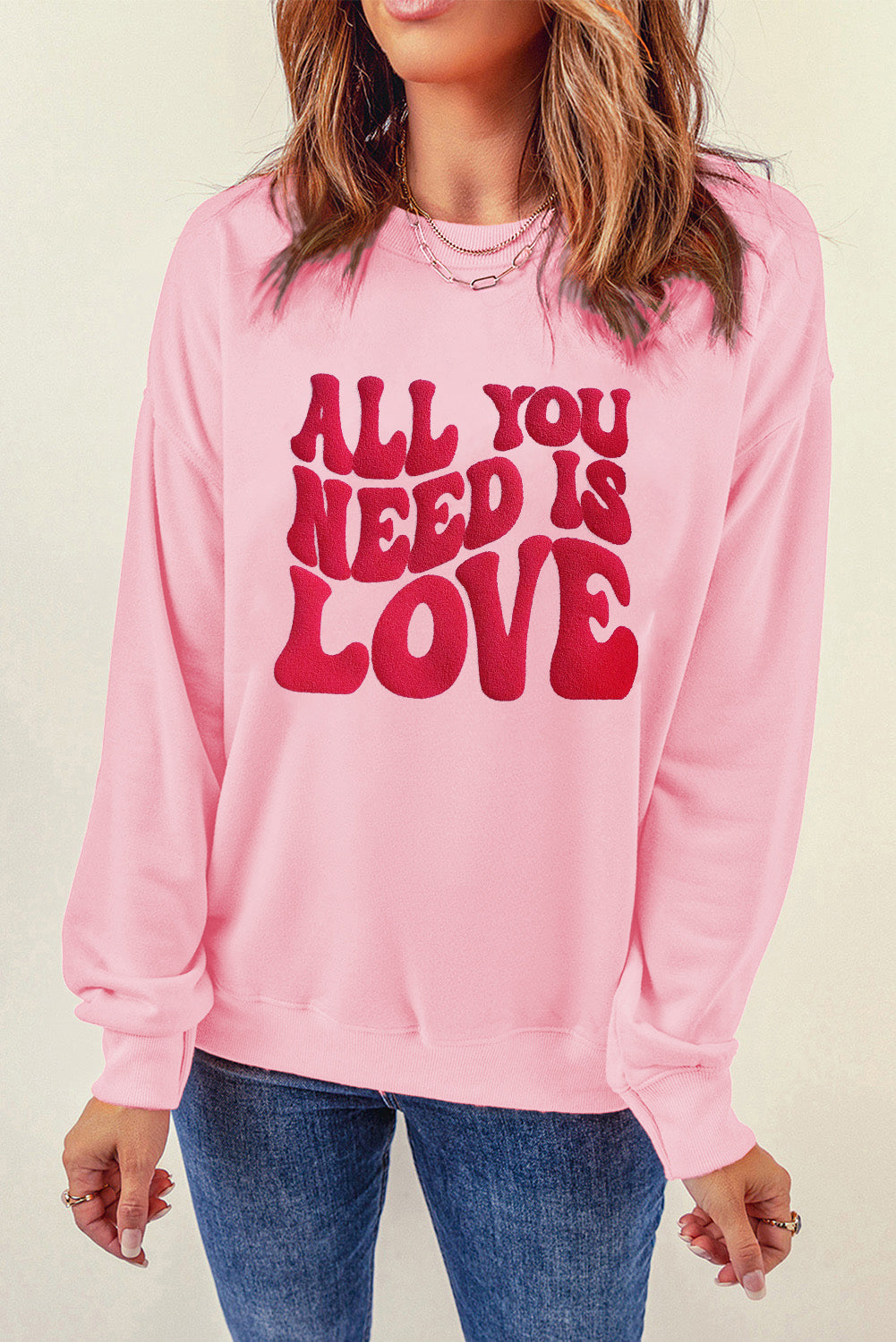 All You Need Is Love Valentines Slogan Printed Sweatshirt | Pink