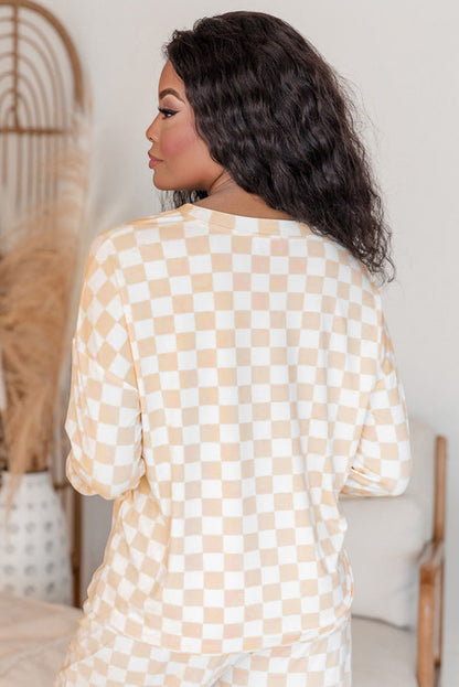 Checkered Print Long Sleeve Top And Pants Lounge Set | Beige