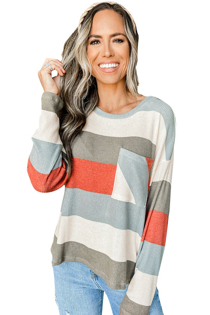 Striped Colourblock Ribbed Knit Top With Pocket | Red