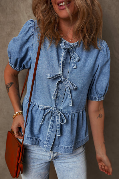 Tied Front Bubble Sleeve Peplum Denim Shirt | Dusk Blue