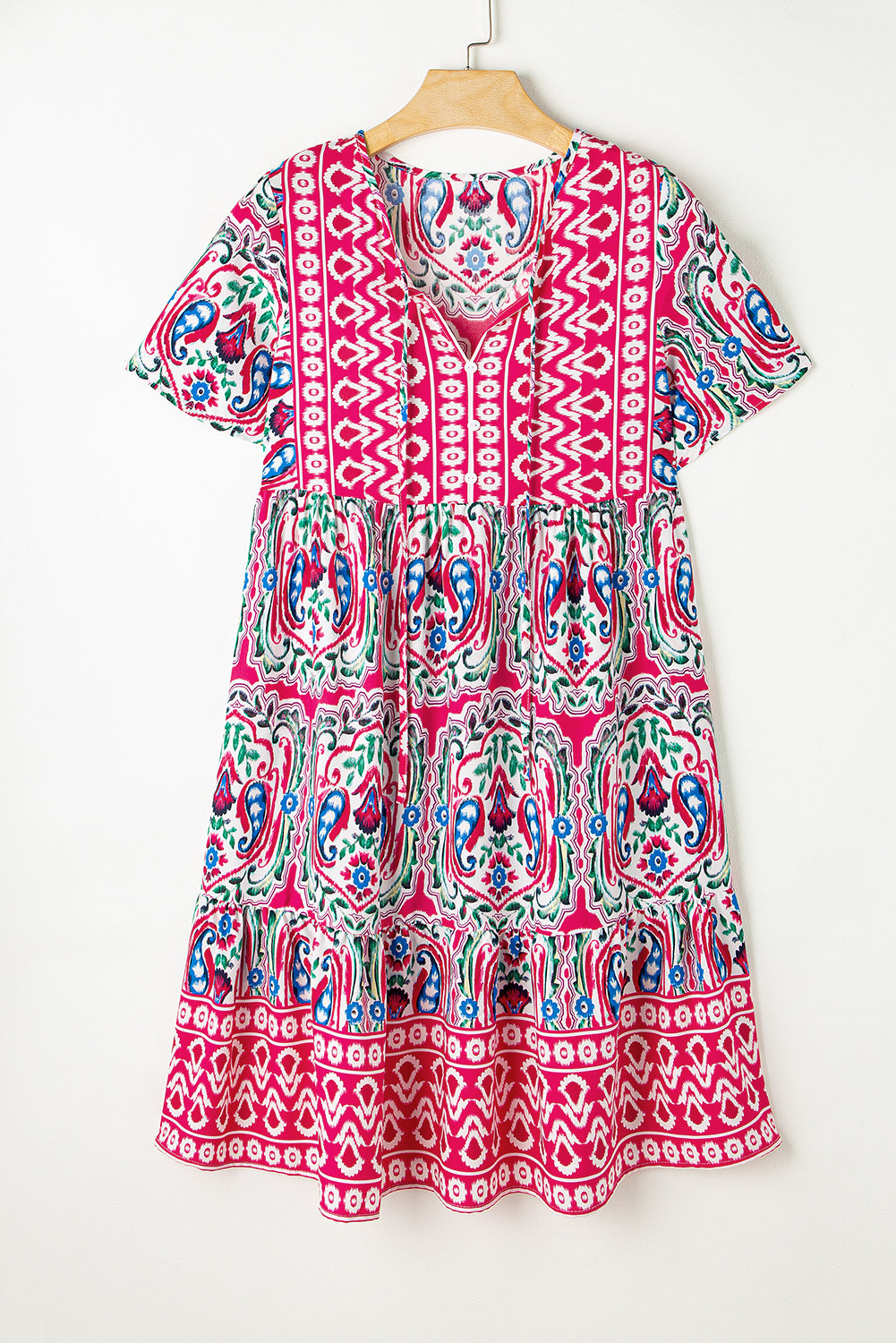 Bohemian Print Tie Neck Ruffle Hem Short Dress | Pink