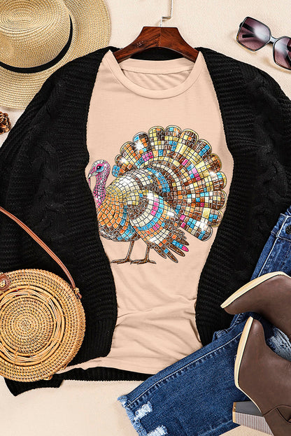 Thanksgiving Turkey Print Round Neck T Shirt | Khaki