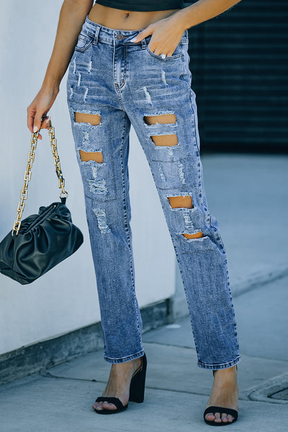 Buttoned Pockets Distressed Jeans | Sky Blue