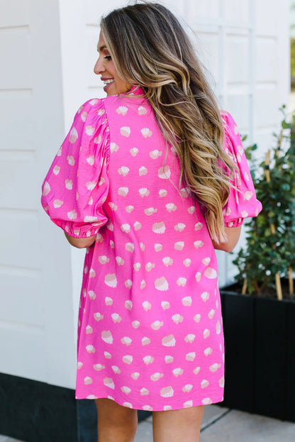 Printed Shirred Yoke Half Puff Sleeve Dress | Bright Pink