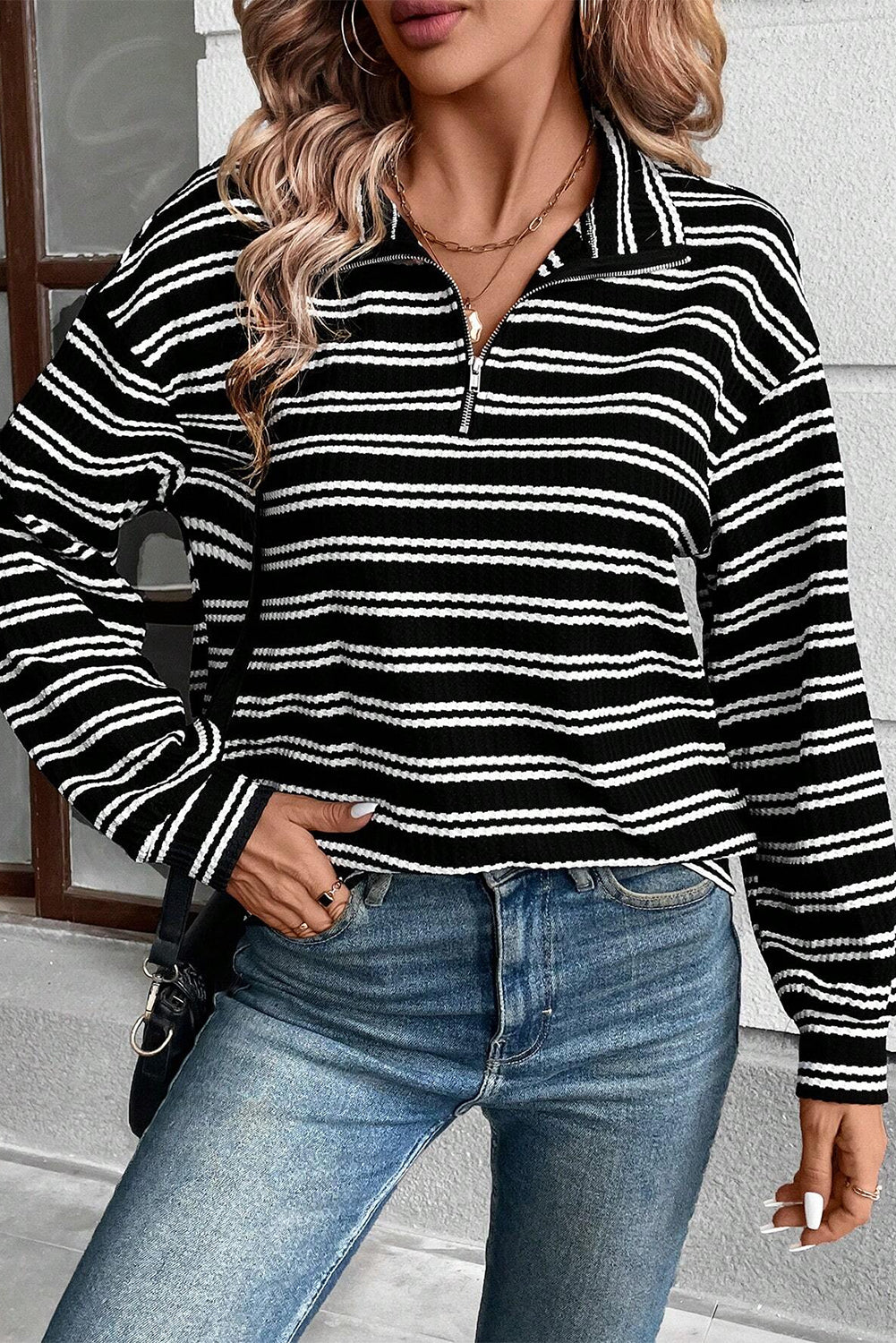 Textured Quarter Zip Collar Long Sleeve Top | Black Stripe