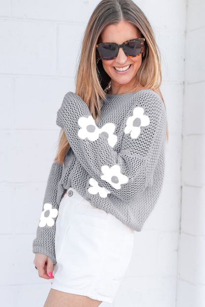 Big Flower Hollowed Knit Drop Shoulder Sweater | Light Grey