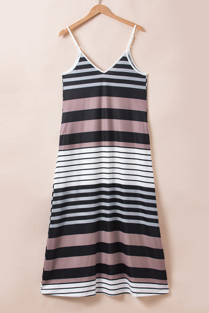 Mixed Stripes Spaghetti Straps V Neck Maxi Dress | Multicolour