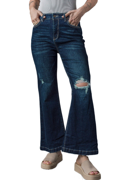 High Rise Ripped Bell Bottom Jeans | Real Teal