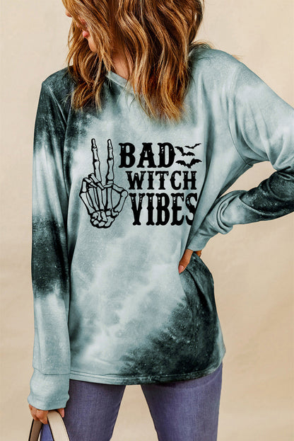 Tie Dye Bad Witch Vibes Graphic Long Sleeve Top | Gray