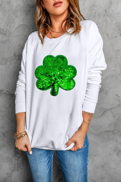 Sequin Clover Embroidered Drop Shoulder Sweatshirt | White