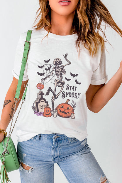 Skull Pumpkin Face Stay Spooky Graphic Halloween T Shirt | White