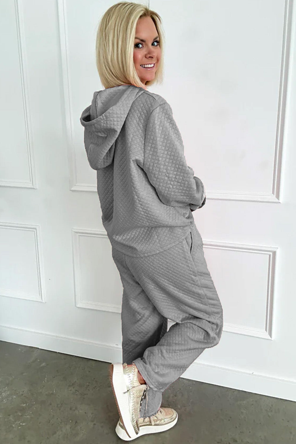 Solid Colour Drawstring Hoodie And Wide Leg Pants Set | Gray