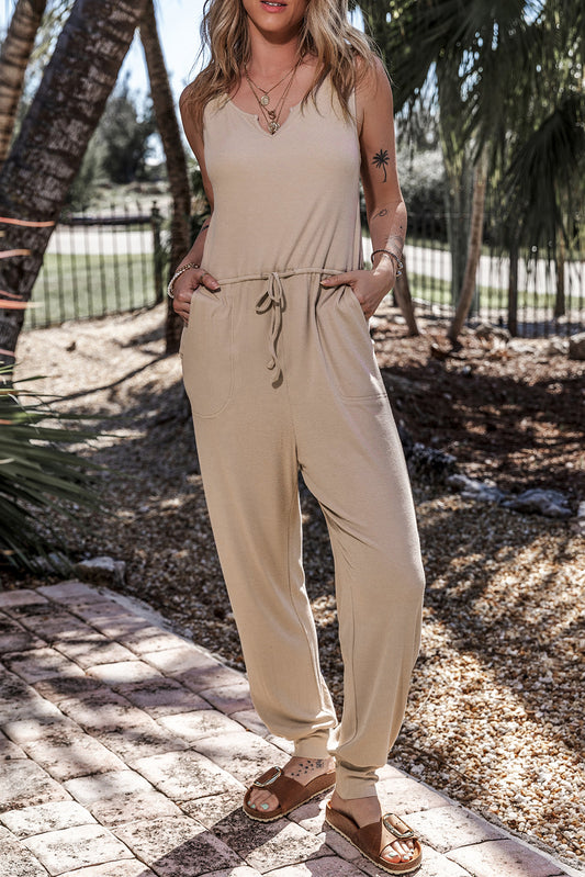 Smoke Gray Drawstring Pockets Notched Neck Sleeveless Jogger Jumpsuit