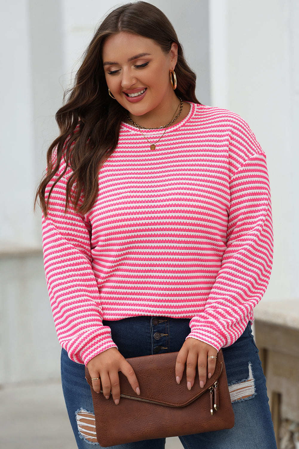 Round Neck Drop Shoulder Long Sleeve Top | Rose Stripe