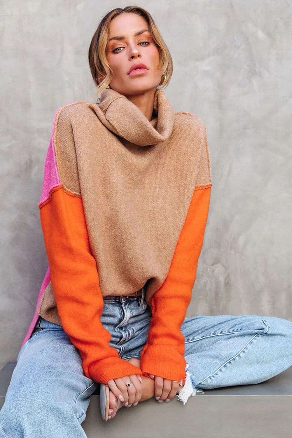 Colour Block Turtle Neck Drop Shoulder Knit Sweater | Khaki