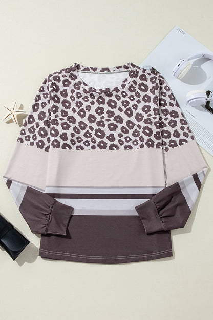 Leopard Colour Block Crewneck Long Sleeve Top | Brown