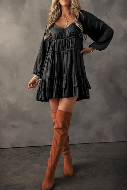 Tiered Ruffled Puff Sleeve Loose Fit Mini Dress | Black