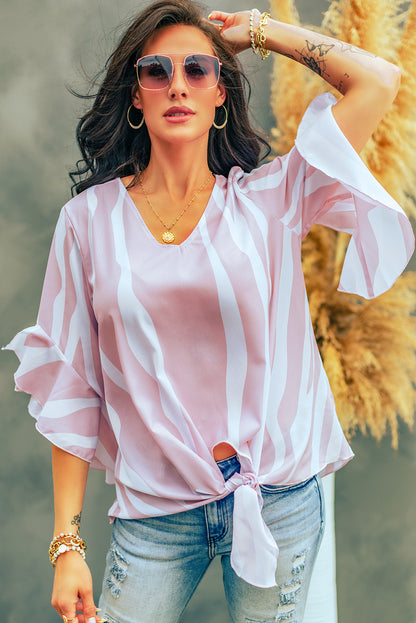 Vertical Stripes V Neck 3/4 Sleeve Blouse | Pink